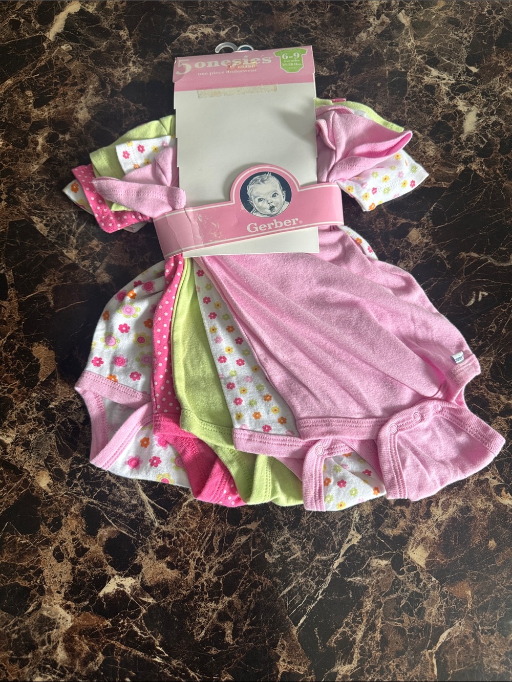 Gerber 5 Pack Pink and Green Baby Onesies - Size 6 - 9 Months